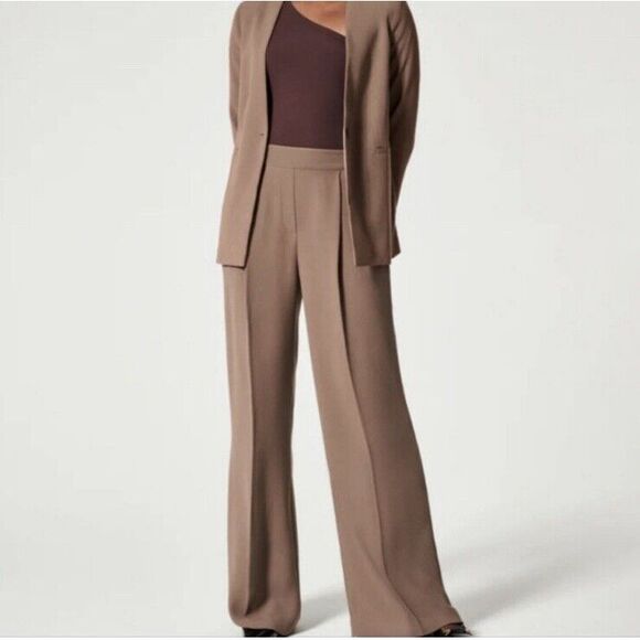 SPANX Crepe Pleated Trouser Pants Cedar 20542 Pull On High Rise Women M Wide Leg - Picture 2 of 13